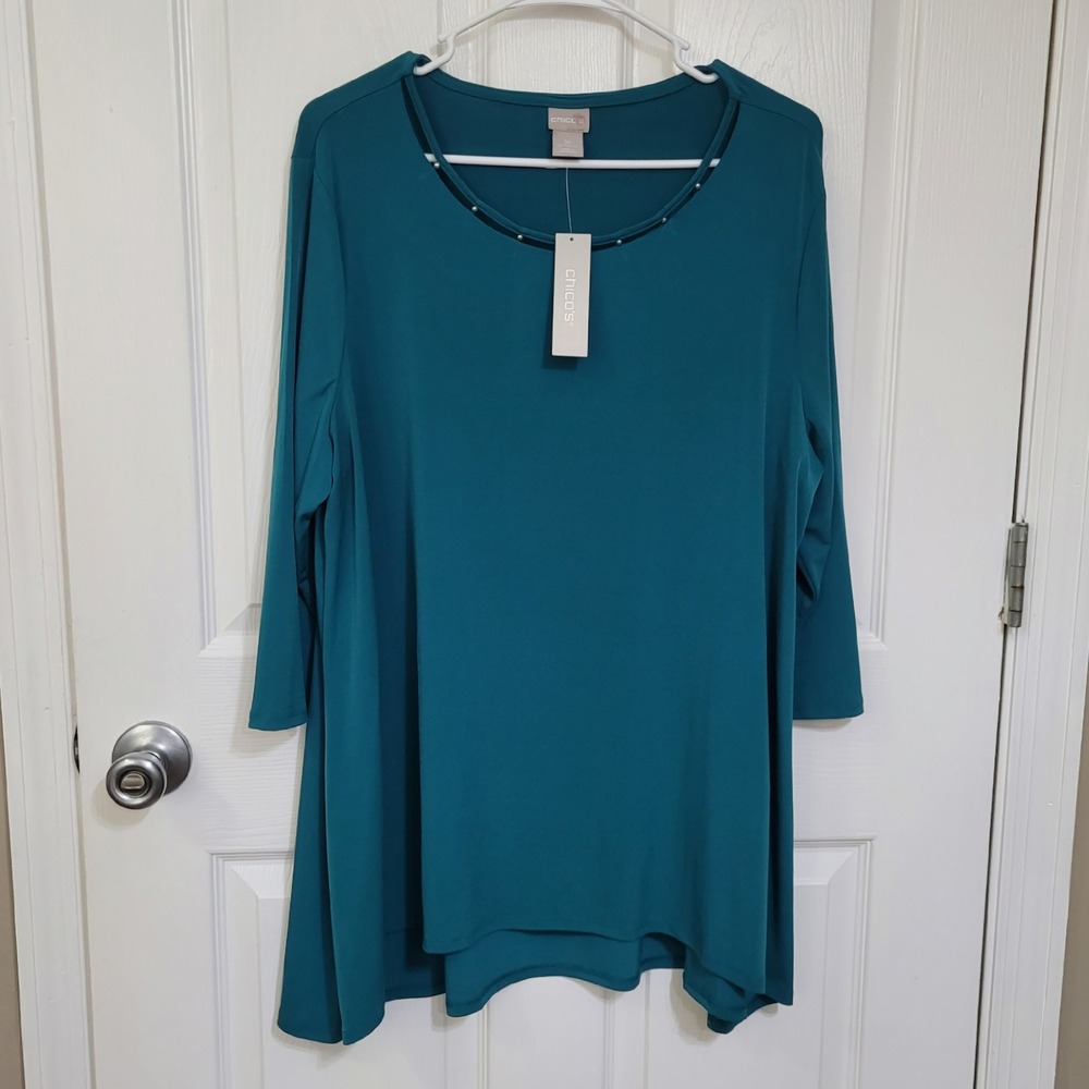Chicos Tunic Knit Top Tapestry Teal Gold Hardware Detail 3P Petite XL
